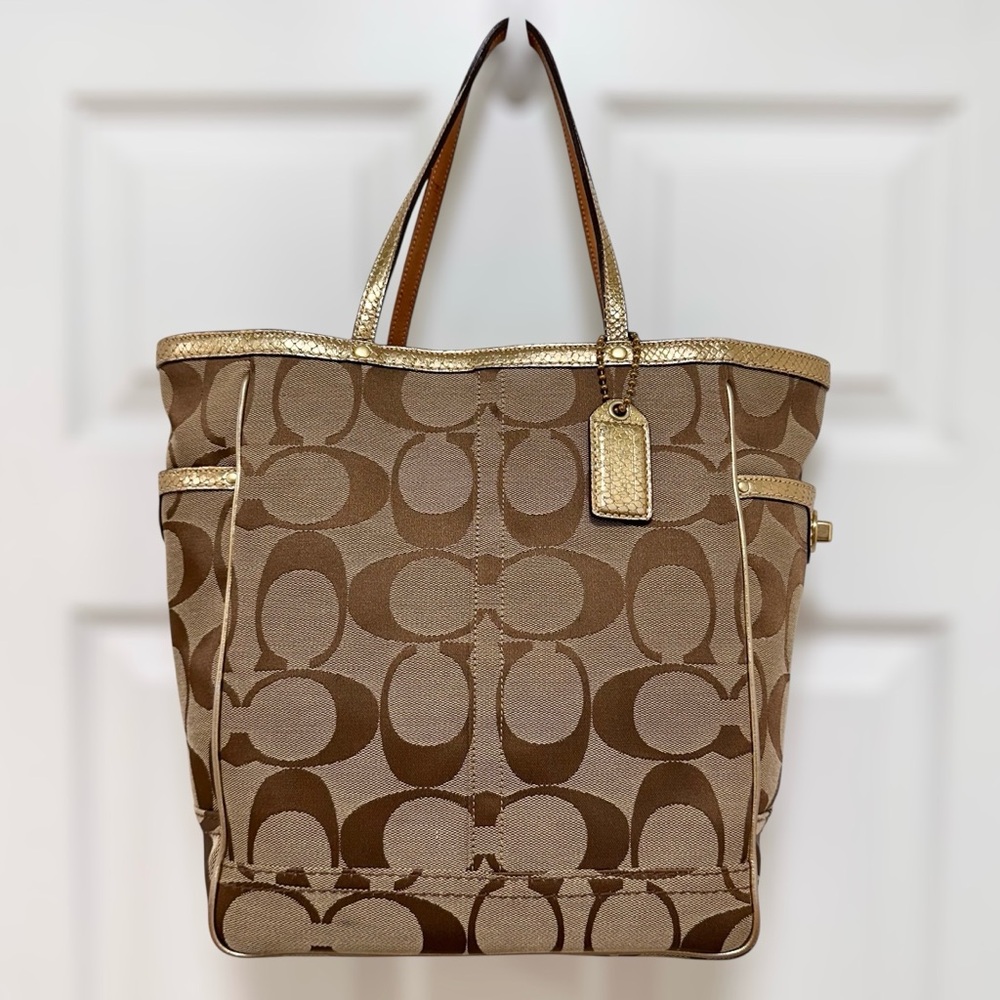 Coach Signature Khaki Jacquard Gold Snakeskin Embossed Leather Tote Vintage Y2K